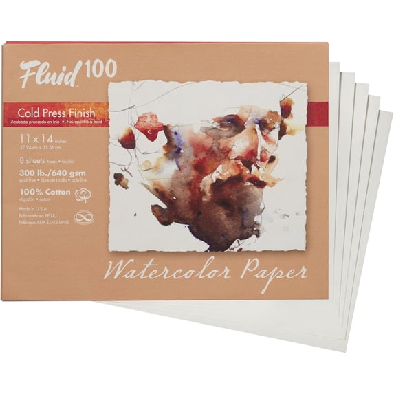 Fluid 100 Artist Watercolor Paper, 100% Cotton Cold Press, 11 x 14 Pochette, 8 Sheets, 300 lb (640 GSM) for Painting and Wet Media