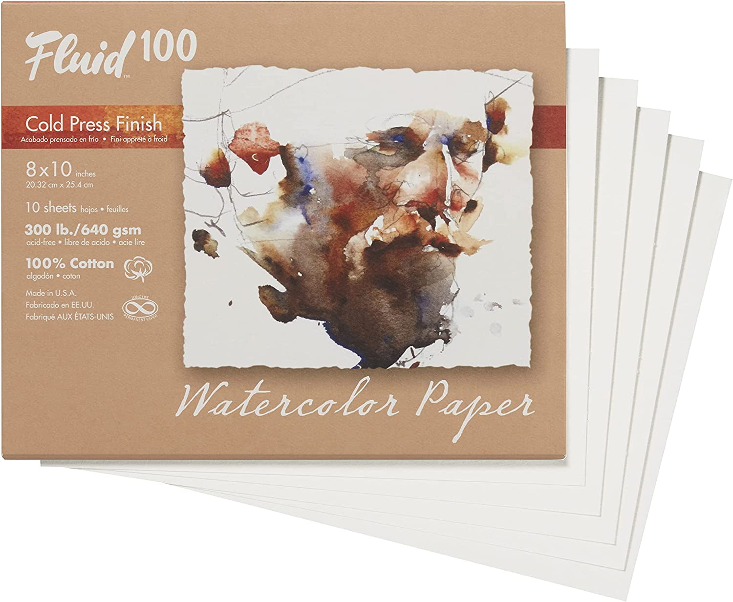 Speedball Fluid 100 Artist Watercolor Paper, 300 lb (640 GSM) 100% Cotton Cold Press for Watercolor Painting and Wet Media, 8 x 10 Pochette, 10 Sheets