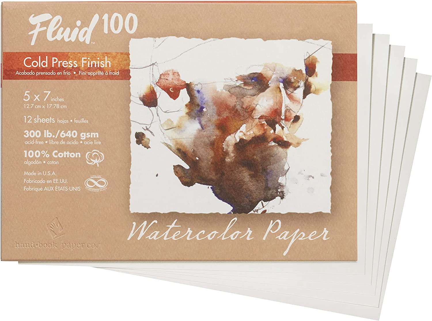 Speedball Fluid 100 Artist Watercolor Paper, 300 lb (640 GSM) 100% Cotton  Cold Press for Watercolor Painting and Wet Media, 5 x 7 Pochette, 12 Sheets  