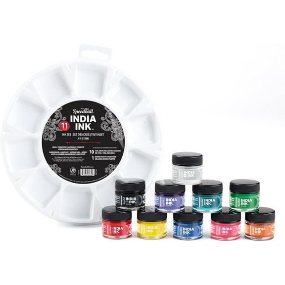 Speedball India Ink Set, 11 Piece, Includes (10) 12ml Jars