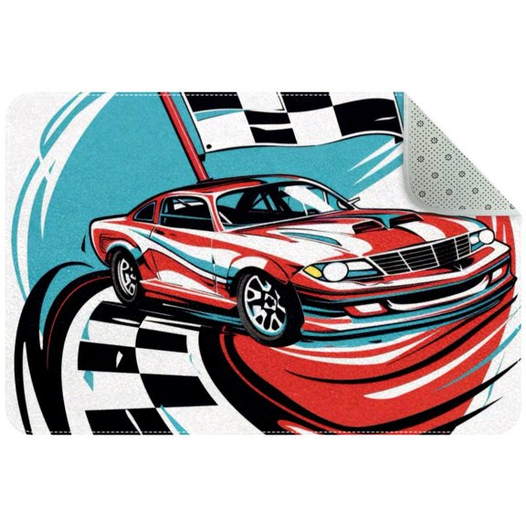 Speeding Racing Car with Checkered Flag Pattern Small Area Rug, Non-Slip Door Mat Indoor Floor Mat, Washable Kitchen Rug Entrance DMat for Bedroom Living Room