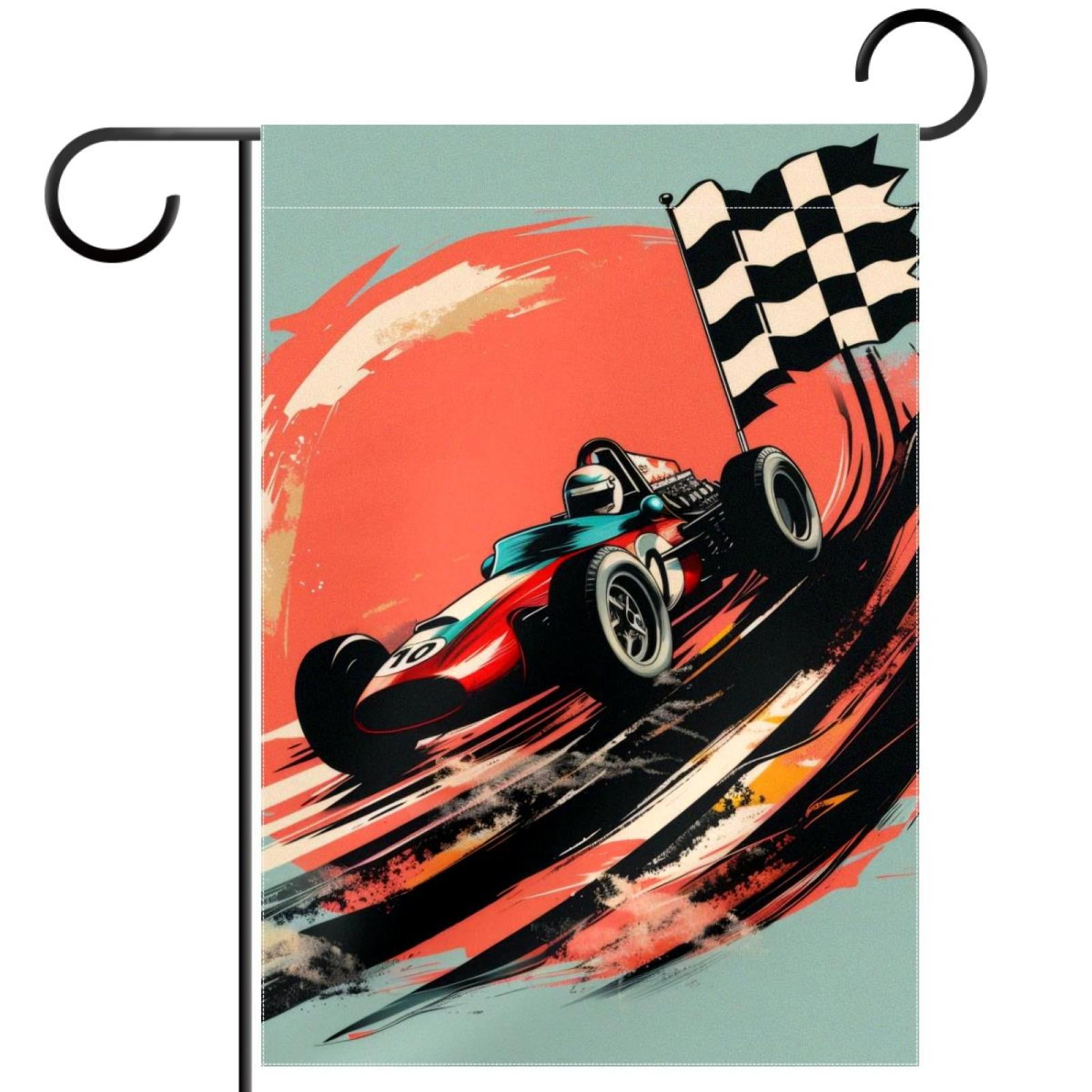 Speeding Racing Car with Checkered Flag and Racetrack Double Sided ...