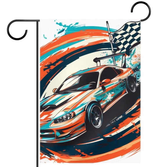 Speeding Racing Car with Checkered Flag Racetrack Garden Flag Double Sided House Flag for Outdoor Home, Personalized All Year Round Yard Decor 12 x 18 Inch