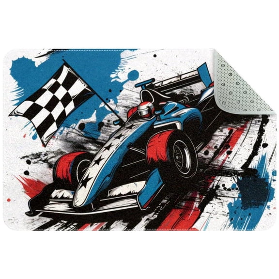 Speeding Racing Car with Checkered Flag Small Area Rug, Non-Slip Door Mat Indoor Floor Mat, Washable Kitchen Rug Entrance DMat for Bedroom Living Room