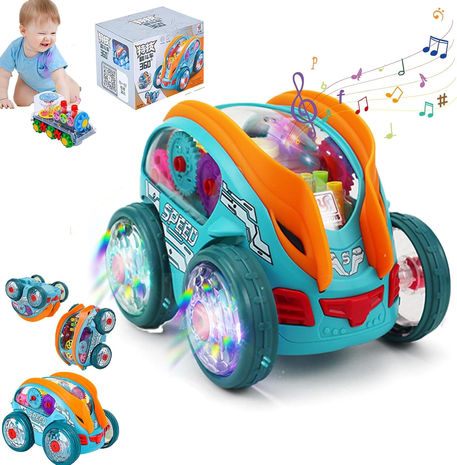 Zenova Speedlite Dynamic Gear-Powered Car — LED Light Up Toy Car With Stunts, 360 Spins, Music For Kids (Batteries Not Included)