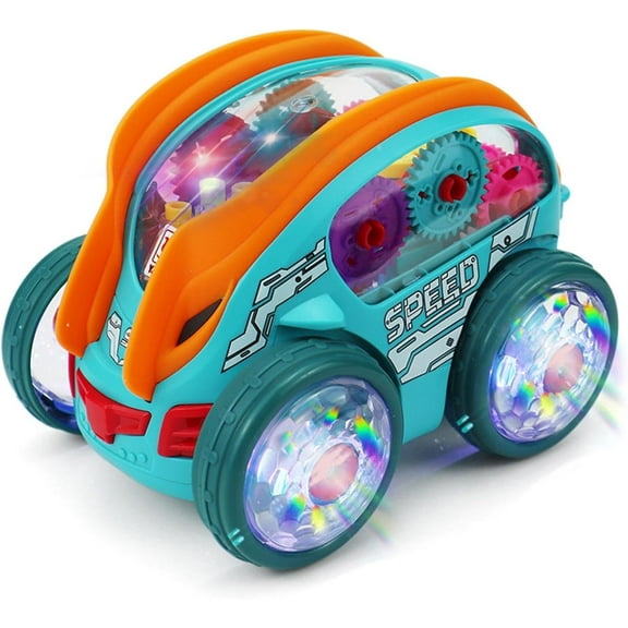 Speedlite Dynamic Gear-Powered LED Car, Colorful Bump and Go Toy for Toddlers Aged 1-3, Transparent Luminous Car with Light Show
