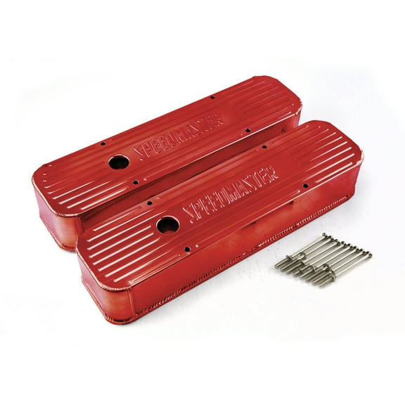 Speedmaster PCE314.1099.04 Compatible with Chevy SBC 350 Red Anodized Fabricated Valve Covers - Tall w/ Hole