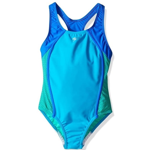 Speedo Girls Mesh Splice Thick Strap One Piece Swimsuit, Cyan, 14