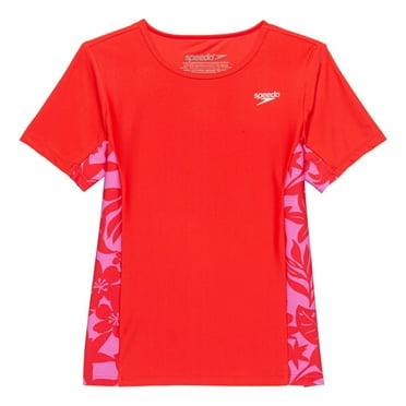 Speedo Big Girls Short Sleeve Print Splice Rash Guard UPF 50  T-Shirt Swim Top (Red, L)