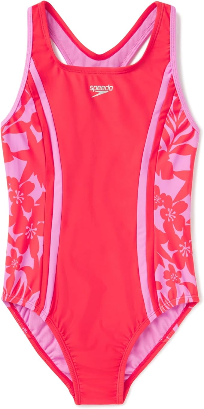 Speedo Girls' Logo One-Piece Swimsuit - Xtra Life Lycra, UV50+ Protection, No-Wedgie Silicone Gripper (Big Kids)