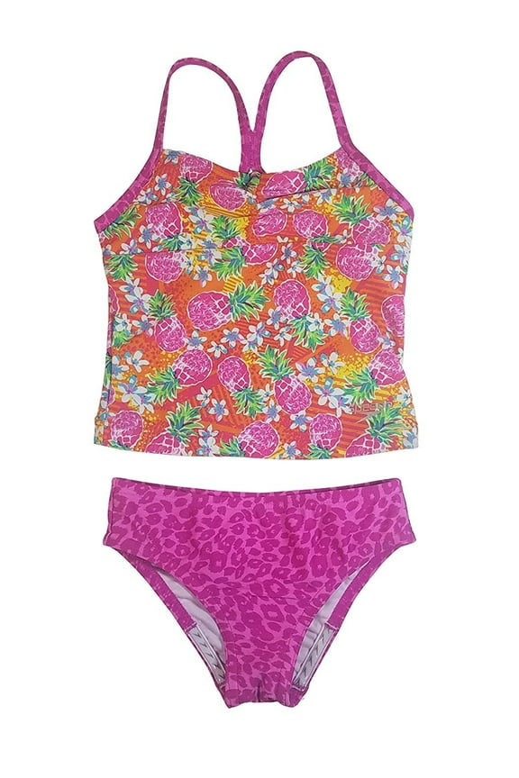 Girl's Sporty Splice Tankini 2 Piece Swimsuit 14, Pink/Pineapple
