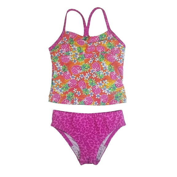 Speedo Girl's Sporty Splice Tankini 2 Piece Swimsuit 16, Pink/Pineapple