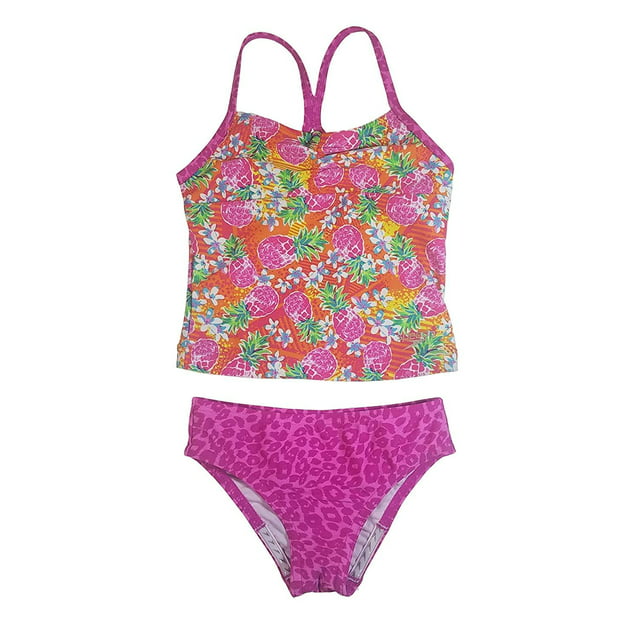 Speedo Girl's Sporty Splice Tankini 2 Piece Swimsuit (16, Pink/Pineapple)