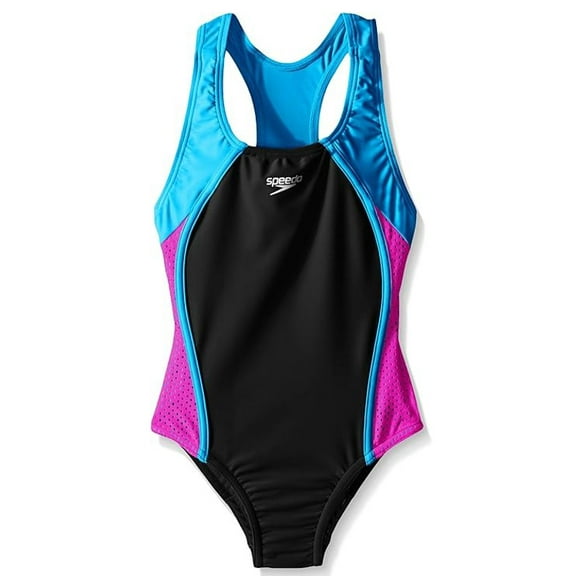 Speedo Girl's Swimsuit One Piece Mesh Splice Thick Strap , Speedo, 12