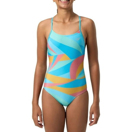 Speedo Girls Thin Strap One Piece Swimsuit (US, Alpha, X-Large, Regular, Aqua/Mango)