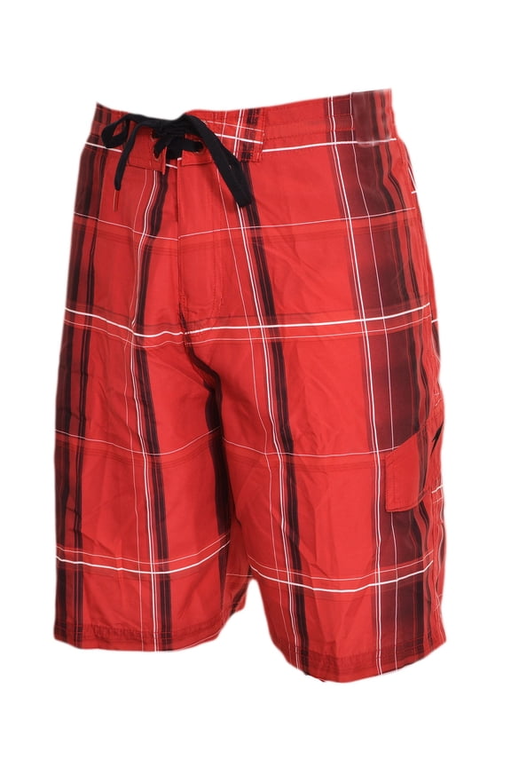 Mens Cargo Swim Plaid Boardshorts (Red Pepper, Small)