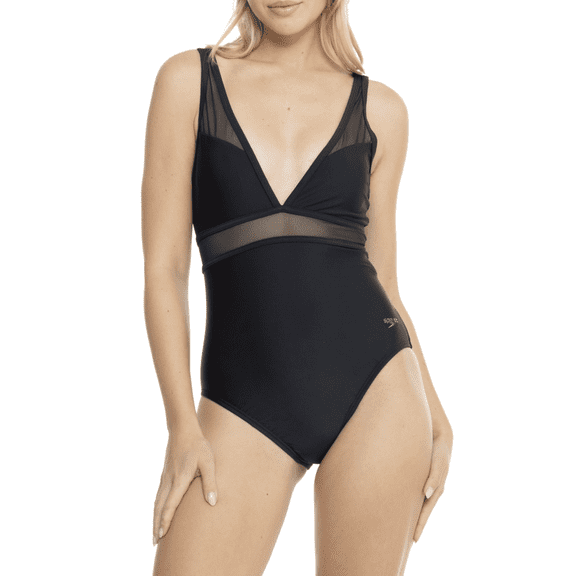 Speedo Solid Mesh One-Piece Swimsuit - Sz: 10 - Black