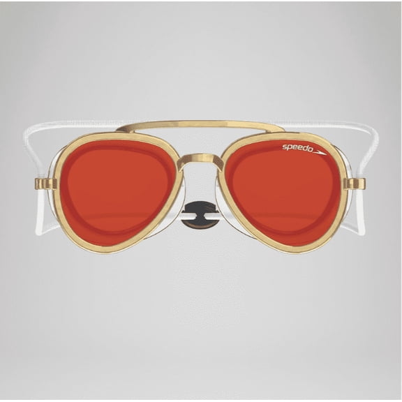 Speedo Sunny G Adult Swim Goggles, Red/Gold Mirrored Lens, UV & Fog Protection, Sunglass Style, Comfee Fit
