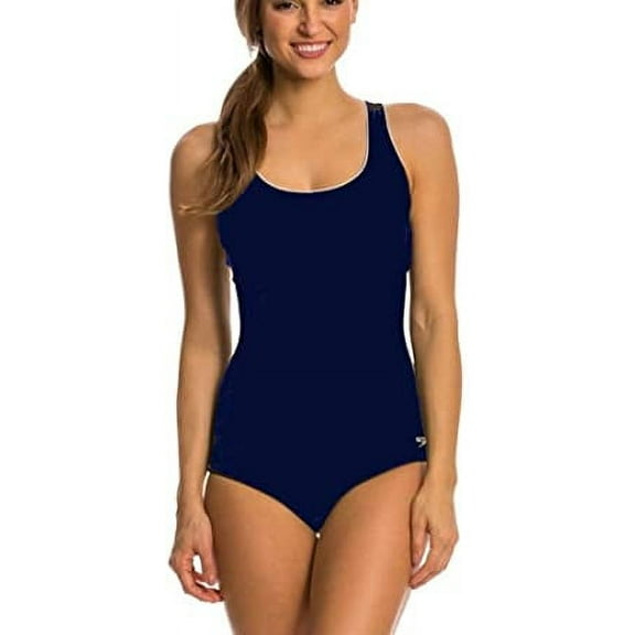 Speedo Women's One Piece Swimsuit,Keyhole Racerback, Moderate Cut Contrast Trim (Peacoat, Medium)