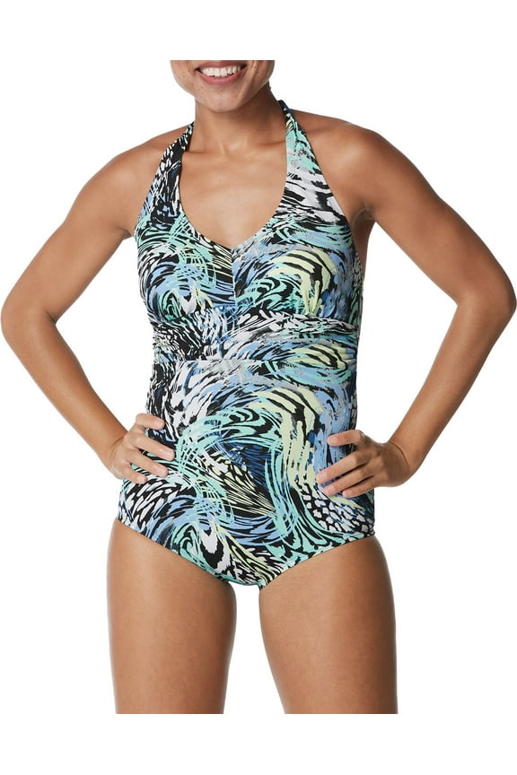 Women's Printed Halter One Piece Swimsuit (Bright Cobalt, 14)
