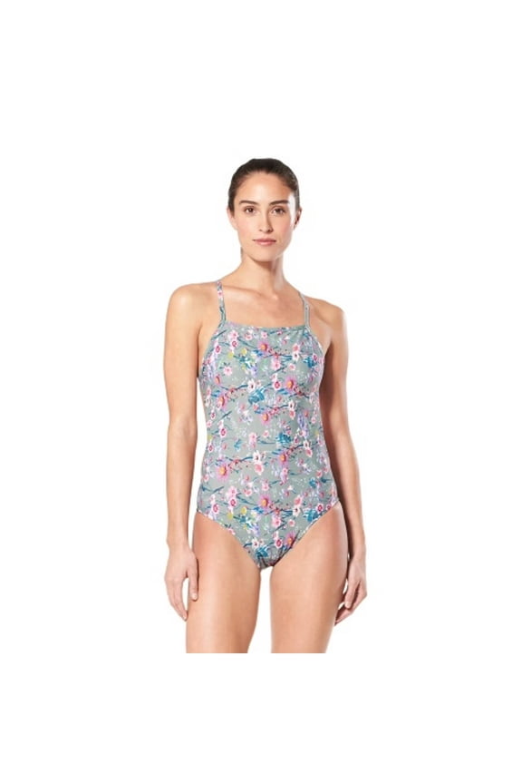 Women’s One-Piece Swimsuit Cross-Back Floral Print Athletic Swimwear Size 38