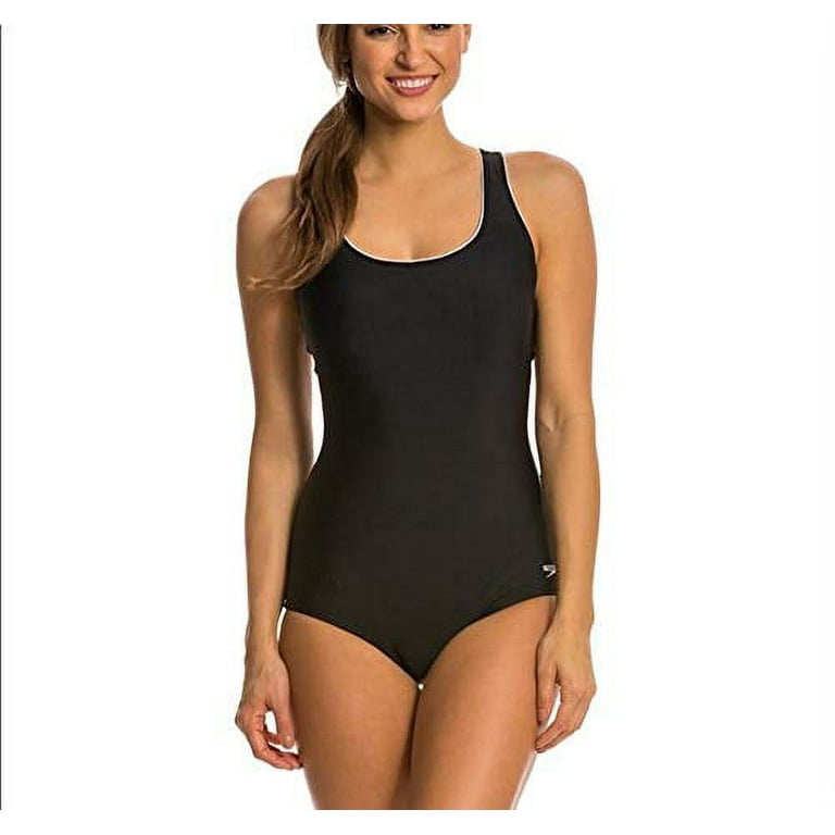 Speedo Womens Ultraback One Piece Swimsuit Black with White Piping (Small)