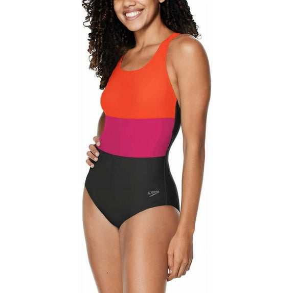 Speedo Womens Ultraback One Piece Swimsuit Black with White Piping(Spicy Orange, Large)