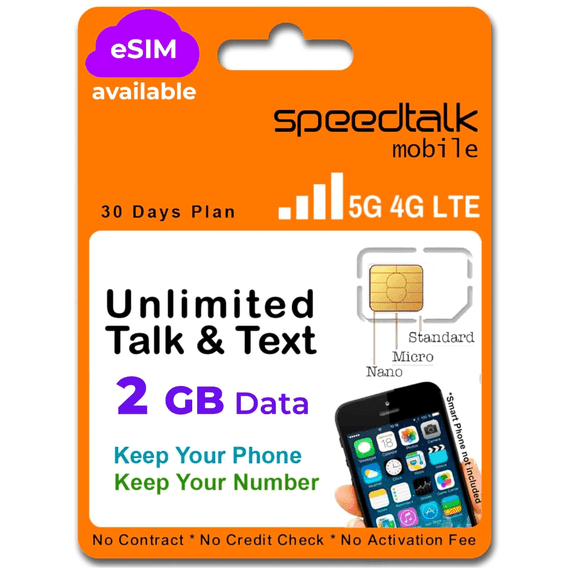 SpeedTalk Mobile 2GB SIM Card, 5G 4G LTE, Talk & Text