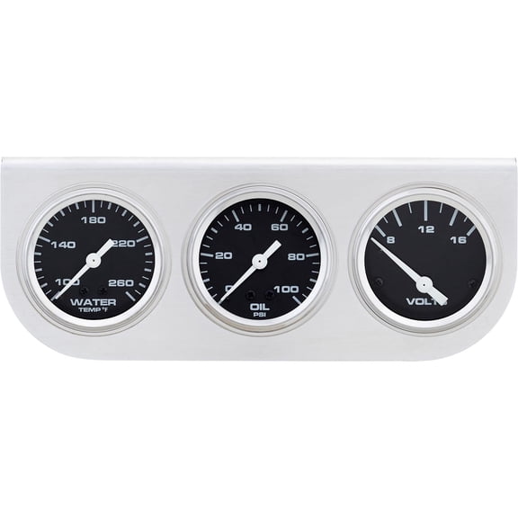 Speedway Motors 3-Gauge Set with Brushed Aluminum Panel Includes Oil Pressure, Water Temperature and Voltmeter Gauges, White Face with Stainless Bezels, Universal Fit
