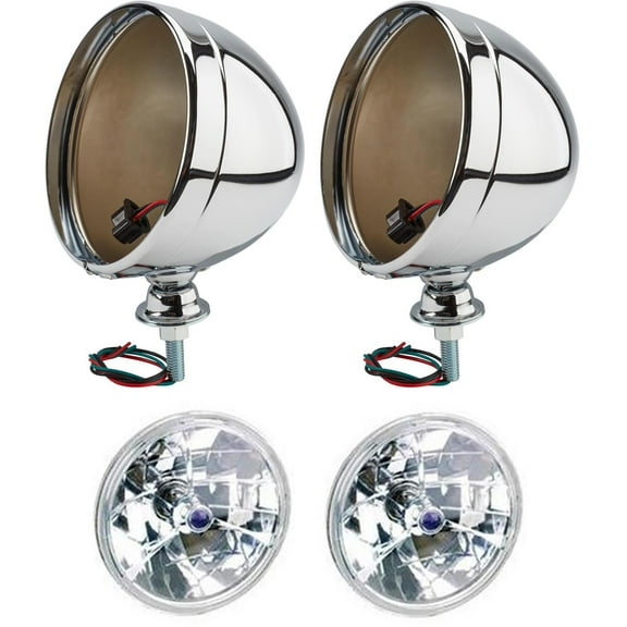 Speedway Motors 7 Tri-Bar Halogen Headlights, Chrome Housing w/ Thick Glass Lens, 12V H4 Bulbs Included, High/Low Beam Classic Headlight Set for Hot Rods, Customs & Street Rods