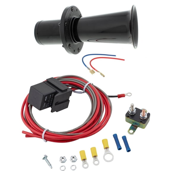 Speedway Motors Black Ah-Oo-Gah Horn with Universal 40 Amp Electric Relay Kit 12 Volt 112 dB Classic Ooga Sound 9.25 Inch Horn Includes Wiring Terminals Circuit Breaker