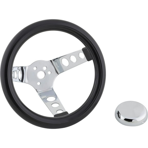 Speedway Motors Classic 9-3/4 Inch Black Steering Wheel with Holes - Universal Fit - Smooth Black Cushion - Chrome Spokes - 3 Bolt Pattern Mount - Chrome Cap Included
