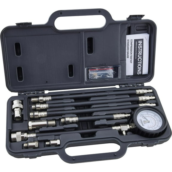 Speedway Motors Compression Test Kit, Standard Gauge, Includes Air Hold Quick Connector, Heavy-Duty Gauge with Whip Hose, Adapters for Small to Large Engines, Molded Case