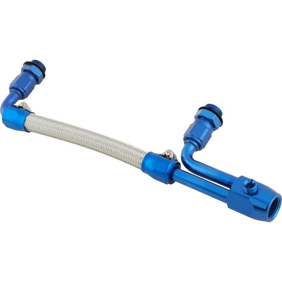 Speedway Motors Dual Quad Fuel Line for Edelbrock & Carter 4-Barrel Carbs, 6.5"-8.7/8" Adjustable Fuel Log, Blue Anodized with Braided Steel, 3/8" NPT Inlet