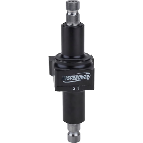Speedway Motors Small Body 2:1 Steering Quickener, 3/4 Inch 36 Spline, Lightweight Aluminum, Anodized Black Finish, Compact 2.5" x 8" Size, Easy Mount