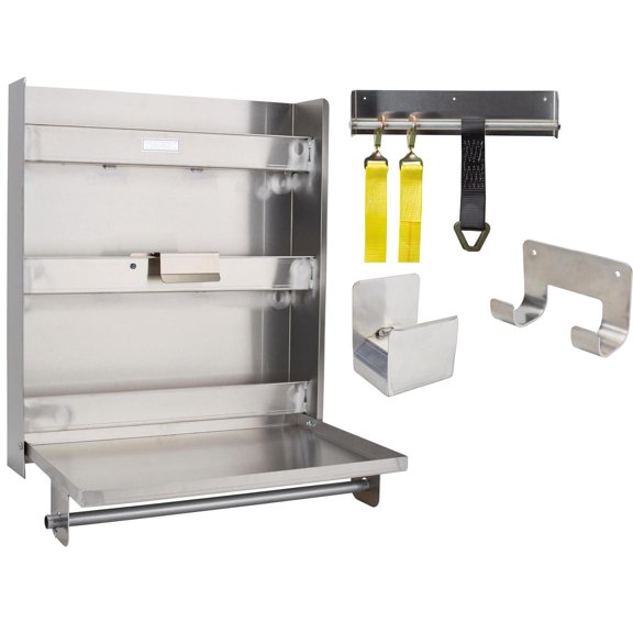 Speedway Motors Trailer/Garage Organizer Kit: Premium Aluminum Alloy Construction, Locking Fold-Down Table, Ratchet & Cord Storage, Drill Holder, Wall-Mount Design for Efficient Storage