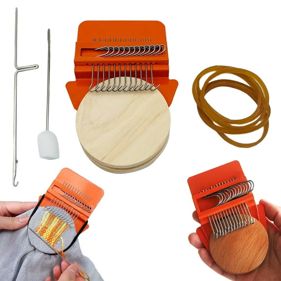 Speedweve Darning Loom Weaving Loom for Beginners Kids Adults, 1 Darning Needle+1 Crochet Hook Mini Loom for Mending, 12 Hooks Speedweve Type Weave Tool Knit Patch Kit for Jeans Socks Clothes, Beige