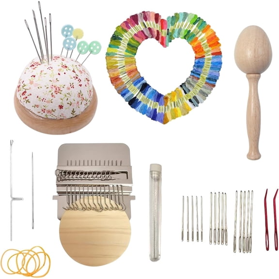 Speedweve Mini Darning Loom Kits 14 Hooks Mending Loom Darning Egg with 15Pcs Darning Needles 50 Colors Thread Weaving Kit for Handcraft DIY Sewing Embroidery Tool (Silver)