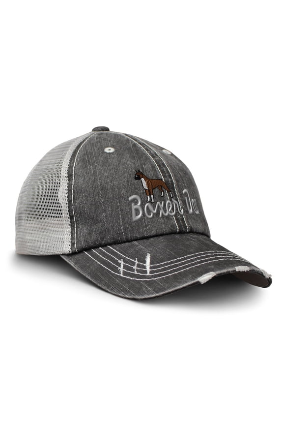 Distressed Trucker Hat Boxer Dad Dog Pet Embroidery for Men & Women Black Gray