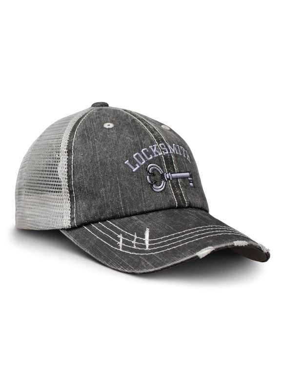 Distressed Trucker Hat Locksmith Embroidery Cotton for Men & Women Black Gray