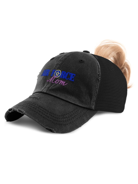 Womens Ponytail Cap Air Force Mom Embroidery Cotton Distressed Trucker Hats Strap Closure Black Design Only