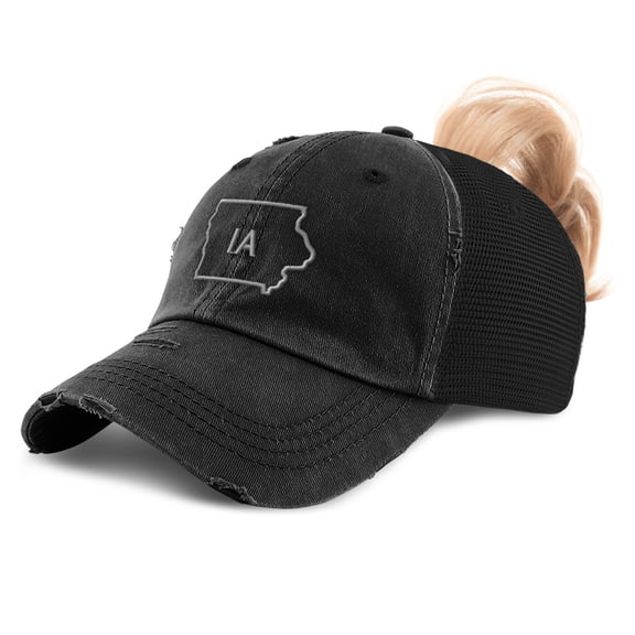 Speedy Pros Womens Ponytail Cap Iowa State Map Ia Embroidery Cotton Messy Bun Distressed Trucker Hats Strap Closure Black Design Only