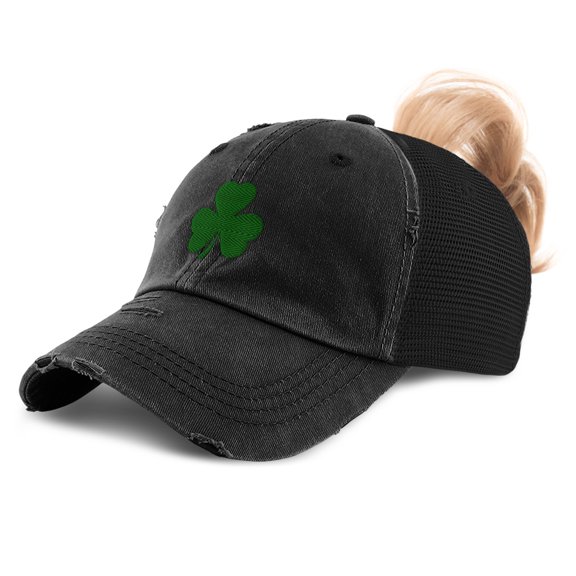 Speedy Pros Womens Ponytail Cap Shamrock Irish Embroidery Cotton Messy Bun Distressed Trucker Hats Strap Closure Black Design Only