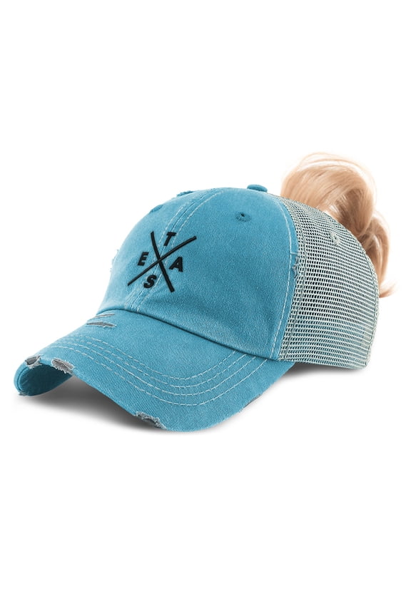 Womens Ponytail Cap Texas Logo Embroidery Cotton Messy Bun Distressed Trucker Hats Strap Closure Turquoise Design Only