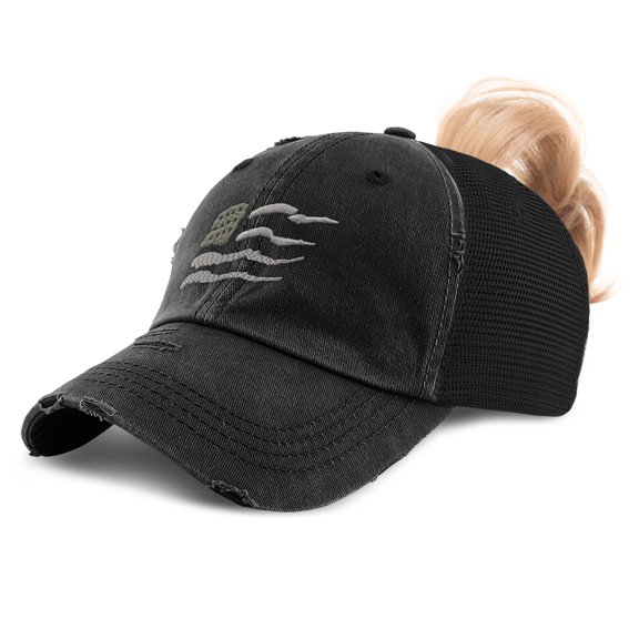 Speedy Pros Womens Ponytail Cap Wavy American Flag Grey Embroidery Cotton Messy Bun Distressed Trucker Hats Strap Closure Black Design Only