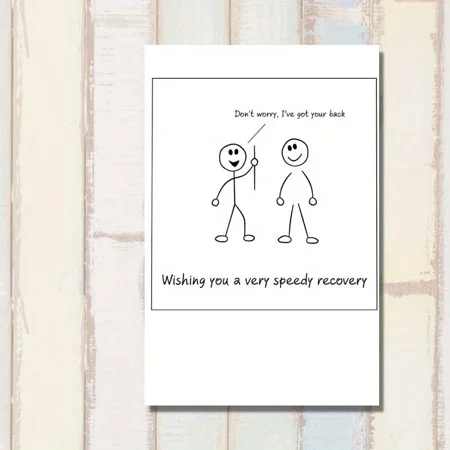 Speedy Recovery Card – Humorous Stick Figure Design – "Don't Worry, I've Got Your Back" Message – Blank Inside with Envelope – Perfect Get Well Soon Gift