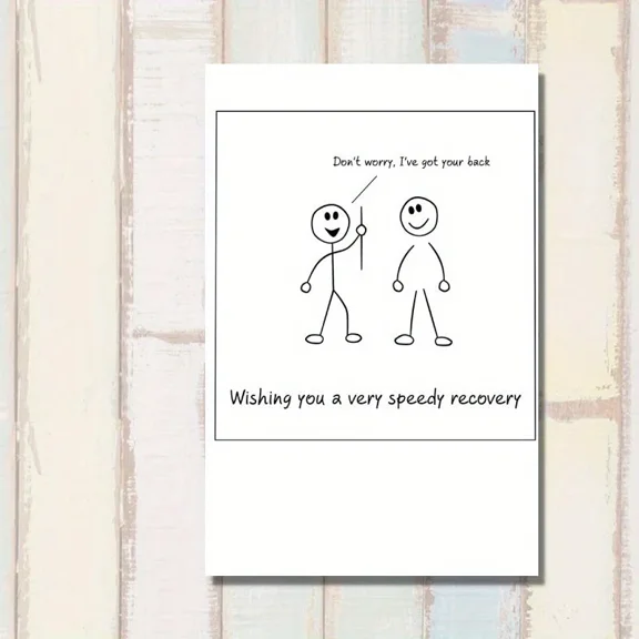 Speedy Recovery Card Humorous Stick Figure Design "Don't Worry, I've Got Your Back" Message Blank Inside with Envelope Perfect Get Well Soon Gift