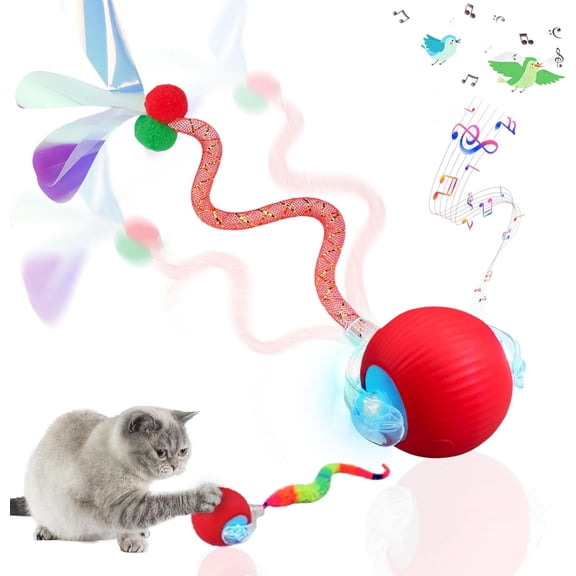 Speedy Tail 2.0 Cat Toy 2 Replaceable Tails, Controllable Chirping, Motion Activated Rolling Ball, USB Rechargeable Enrichment & Exercise for Bored Indoor Cats, Kittens (Red)