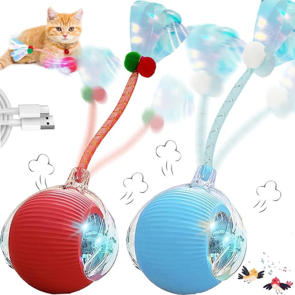 Speedy Tail 2.0 Interactive Cat Toy 2-Pack, Automatic Rolling Ball with Elastic Tail for Indoor Cats, Motion-Activated with Chirping Sound, Rechargeable