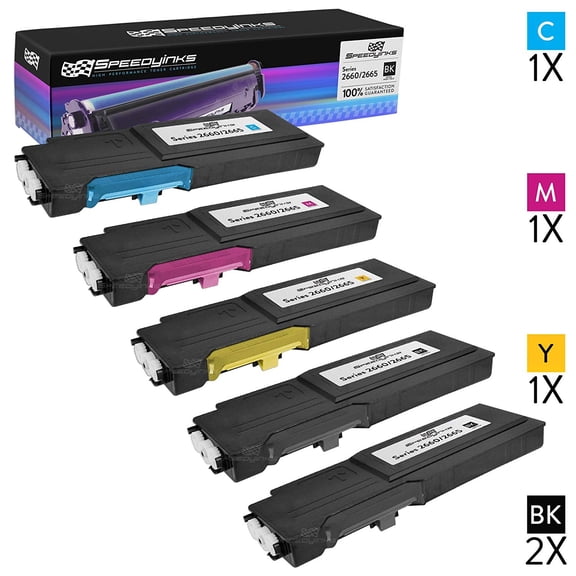 SpeedyInks - Dell Compatible C2660 C2660Dn C2665dnf Set of 5 High Yield Toner Cartridges 593-BBBU Black, 593-BBBT Cyan, 593-BBBS Magenta, and 593-BBBR Yellow for use in Dell C2660dn, Dell C2665dnf
